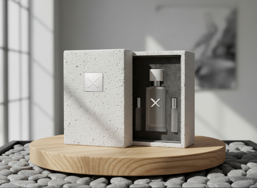 coffret de parfum en texture pierre craie avec étiquette en métal