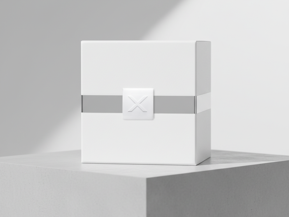 Etiquette en métal blanc mate sur coffret de parfum blanc épuré